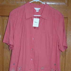 CJ BANKS Women's 14W Short Sleeved Linen Blend Short Sleeve Button Shirt NWT NEW